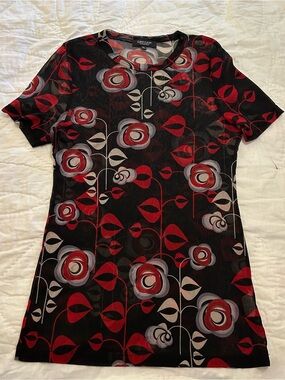 Karen Kane Mesh Shirt Top Womens XL Abstract Floral Fitted Coastal Aunt Festival